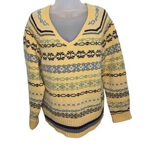 Old Navy 100% Lambswool Fair Isle Knit V Neck Sweater Women's Long Sleeve Yellow